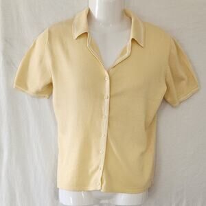 Van Heusen For Her VTG Yellow & White Short Sleeve Knit Collard Blouse W Sz Med